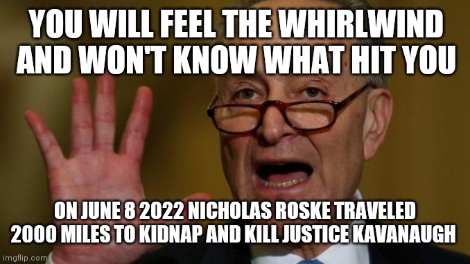 Chuck Schumer Threatening SCOTUS | YOU WILL FEEL THE WHIRLWIND AND WON'T KNOW WHAT HIT YOU; ON JUNE 8 2022 NICHOLAS ROSKE TRAVELED 2000 MILES TO KIDNAP AND KILL JUSTICE KAVANAUGH | image tagged in chuck schumer,insurection,indictment | made w/ Imgflip meme maker
