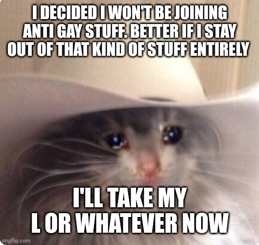 Sad cowboy cat | I DECIDED I WON'T BE JOINING ANTI GAY STUFF. BETTER IF I STAY OUT OF THAT KIND OF STUFF ENTIRELY; I'LL TAKE MY L OR WHATEVER NOW | image tagged in sad cowboy cat | made w/ Imgflip meme maker