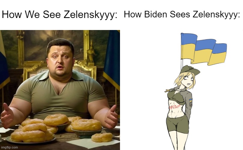 How Biden Sees Zelenskyyy:; How We See Zelenskyyy: | image tagged in fat zelenskyyy,flag bearer | made w/ Imgflip meme maker