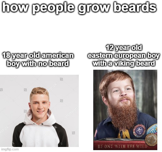 its pretty true tho | how people grow beards; 18 year old american boy with no beard; 12 year old eastern european boy with a viking beard | image tagged in blank white template | made w/ Imgflip meme maker