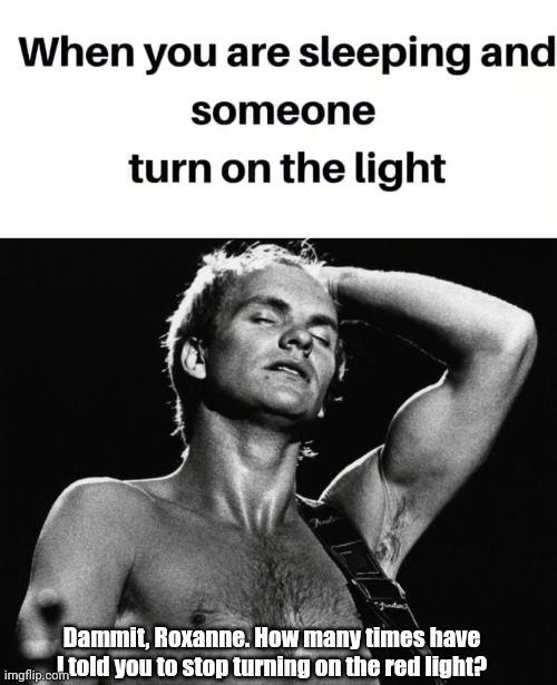 Roxanne | Dammit, Roxanne. How many times have I told you to stop turning on the red light? | image tagged in the police,sting,oldie,roxanne | made w/ Imgflip meme maker