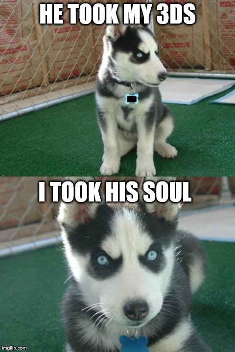 Insanity Puppy Meme | HE TOOK MY 3DS I TOOK HIS SOUL | image tagged in memes,insanity puppy | made w/ Imgflip meme maker