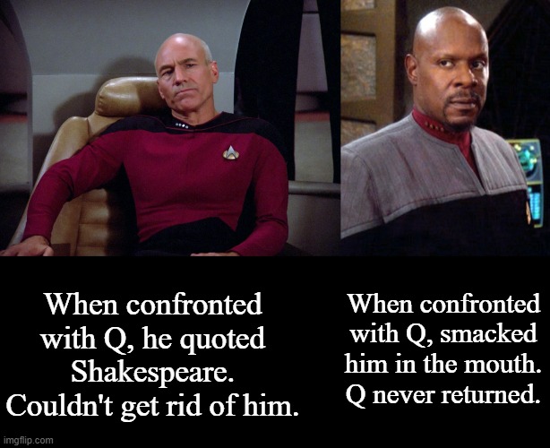 When Confronted with Q | When confronted with Q, he quoted Shakespeare. Couldn't get rid of him. When confronted with Q, smacked him in the mouth. Q never returned. | image tagged in captain picard,captain benjamin sisko,repost,funny | made w/ Imgflip meme maker