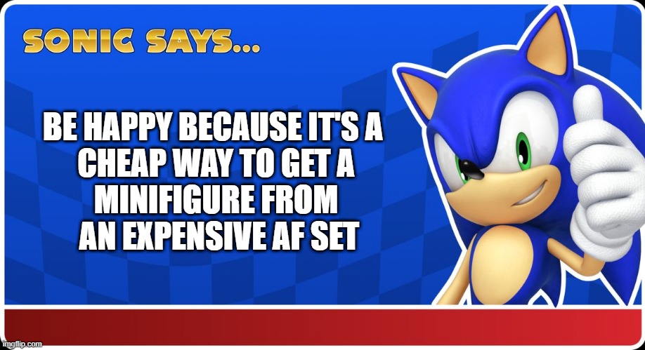 BE HAPPY BECAUSE IT'S A 
CHEAP WAY TO GET A
MINIFIGURE FROM
 AN EXPENSIVE AF SET | image tagged in sonic says | made w/ Imgflip meme maker