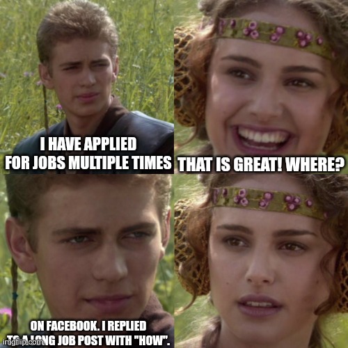 Amazing. | THAT IS GREAT! WHERE? I HAVE APPLIED FOR JOBS MULTIPLE TIMES; ON FACEBOOK. I REPLIED TO A LONG JOB POST WITH "HOW". | image tagged in for the better right blank | made w/ Imgflip meme maker
