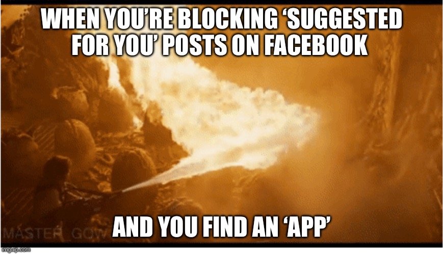 I don’t want to see this | WHEN YOU’RE BLOCKING ‘SUGGESTED FOR YOU’ POSTS ON FACEBOOK; AND YOU FIND AN ‘APP’ | image tagged in facebook,meta | made w/ Imgflip meme maker