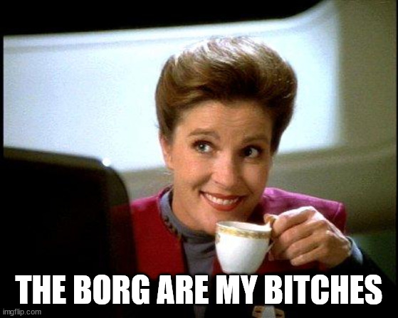Captain Janeway Coffee Cup | THE BORG ARE MY BITCHES | image tagged in captain janeway coffee cup | made w/ Imgflip meme maker