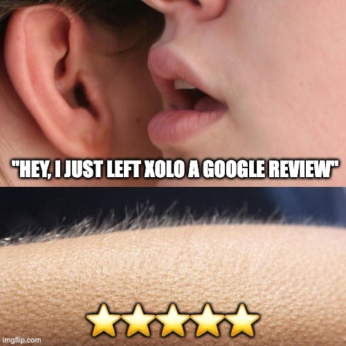 Whisper and Goosebumps | "HEY, I JUST LEFT XOLO A GOOGLE REVIEW"; ⭐⭐⭐⭐⭐ | image tagged in whisper and goosebumps | made w/ Imgflip meme maker