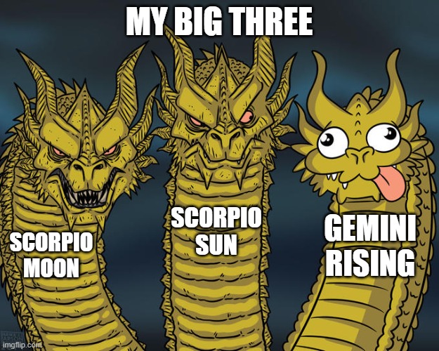 Three-headed Dragon | MY BIG THREE; SCORPIO SUN; GEMINI RISING; SCORPIO MOON | image tagged in three-headed dragon | made w/ Imgflip meme maker