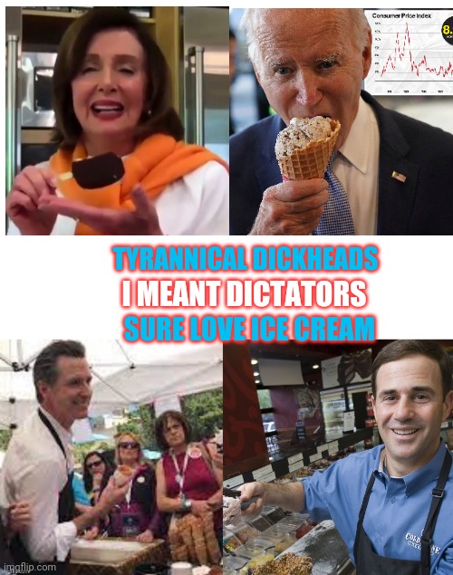 Ice cream tyrants | I MEANT DICTATORS; TYRANNICAL DICKHEADS; SURE LOVE ICE CREAM | image tagged in nancy pelosi,joe biden,ice cream | made w/ Imgflip meme maker