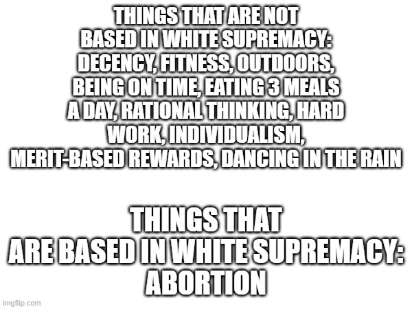 The top's not even HALF the list of the Idiocracy | THINGS THAT ARE NOT BASED IN WHITE SUPREMACY:
DECENCY, FITNESS, OUTDOORS, BEING ON TIME, EATING 3 MEALS A DAY, RATIONAL THINKING, HARD WORK, INDIVIDUALISM, MERIT-BASED REWARDS, DANCING IN THE RAIN; THINGS THAT ARE BASED IN WHITE SUPREMACY:
ABORTION | made w/ Imgflip meme maker
