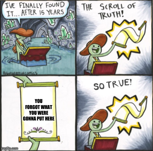I literally forgot what I was gonna put there | YOU FORGOT WHAT YOU WERE GONNA PUT HERE | image tagged in the real scroll of truth,memes | made w/ Imgflip meme maker