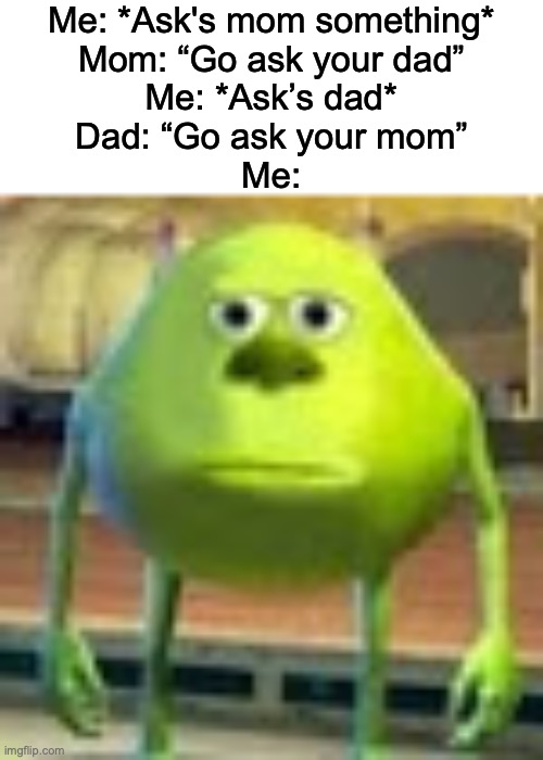 Bruh moments | Me: *Ask's mom something*
Mom: “Go ask your dad”
Me: *Ask’s dad*
Dad: “Go ask your mom”
Me: | image tagged in sully wazowski | made w/ Imgflip meme maker