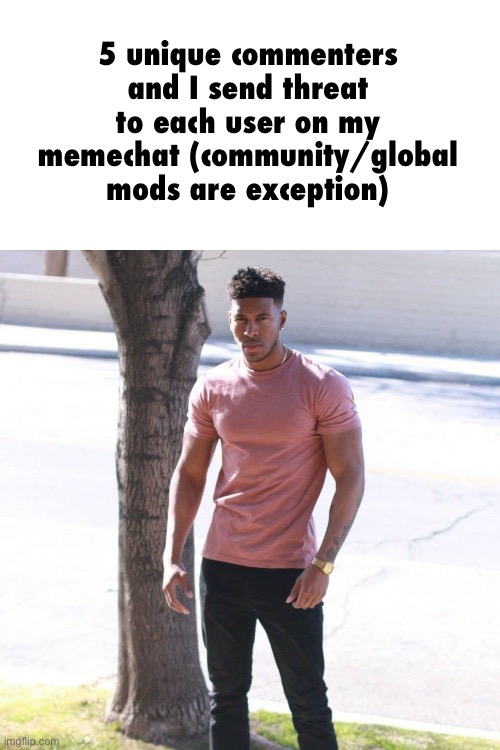(Why is this stuck in approvals) | 5 unique commenters and I send threat to each user on my memechat (community/global mods are exception) | made w/ Imgflip meme maker