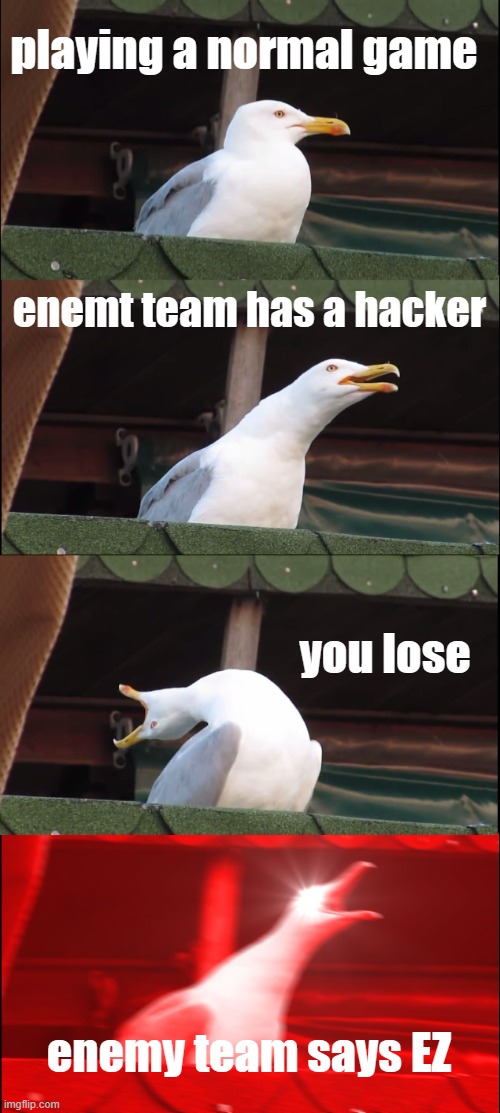 Inhaling Seagull | playing a normal game; enemt team has a hacker; you lose; enemy team says EZ | image tagged in memes,inhaling seagull | made w/ Imgflip meme maker