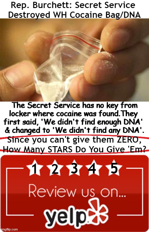 Do they really think we are this DUMB?! How is this in ANY way acceptable? | Rep. Burchett: Secret Service 
Destroyed WH Cocaine Bag/DNA; The Secret Service has no key from
locker where cocaine was found.They 
first said, 'We didn't find enough DNA' 
& changed to 'We didn't find any DNA'. Since you can't give them ZERO,
How Many STARS Do You Give 'Em? 3  4   5; 1; 2 | image tagged in politics,protection of joe biden,unacceptable,cocaine,white house,secret service | made w/ Imgflip meme maker
