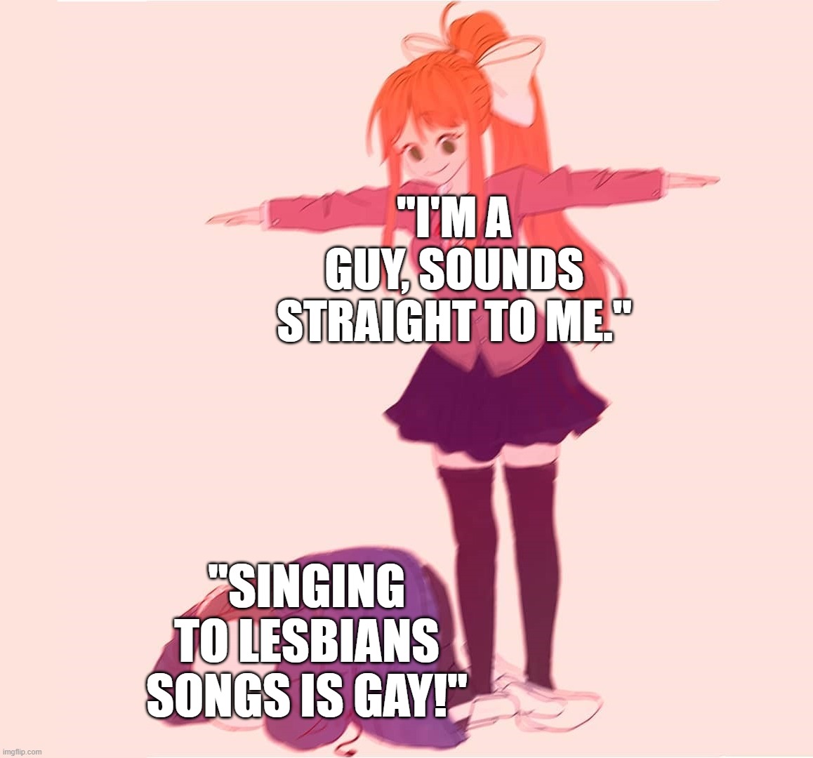 Sounds Straight To Me | "I'M A GUY, SOUNDS STRAIGHT TO ME."; "SINGING TO LESBIANS SONGS IS GAY!" | image tagged in gay,music | made w/ Imgflip meme maker