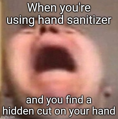 The #1 pain of using hand sanitizer | When you're using hand sanitizer; and you find a hidden cut on your hand | image tagged in memes,fun | made w/ Imgflip meme maker