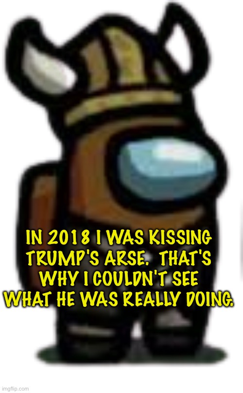 viking crewmate | IN 2018 I WAS KISSING TRUMP'S ARSE.  THAT'S WHY I COULDN'T SEE WHAT HE WAS REALLY DOING. | image tagged in viking crewmate | made w/ Imgflip meme maker