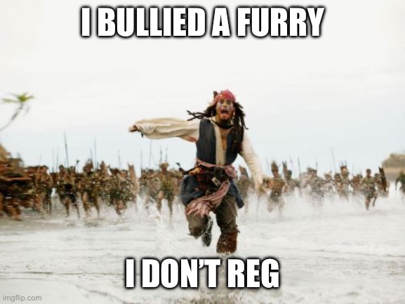Ha | I BULLIED A FURRY; I DON’T REGRET IT | image tagged in memes,jack sparrow being chased | made w/ Imgflip meme maker