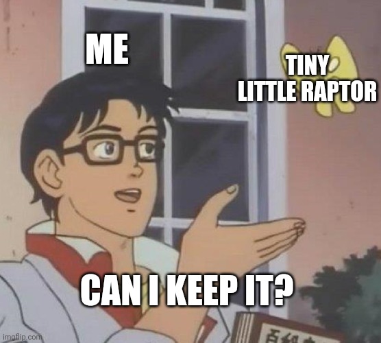 I want a pet dinosaur | ME; TINY LITTLE RAPTOR; CAN I KEEP IT? | image tagged in memes,is this a pigeon | made w/ Imgflip meme maker