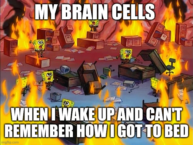 I don't remember getting in bed | MY BRAIN CELLS; WHEN I WAKE UP AND CAN'T REMEMBER HOW I GOT TO BED | image tagged in spongebob fire | made w/ Imgflip meme maker