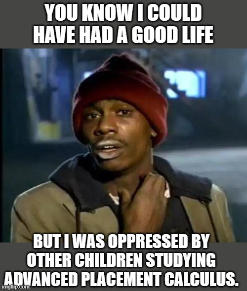 yep | YOU KNOW I COULD HAVE HAD A GOOD LIFE; BUT I WAS OPPRESSED BY OTHER CHILDREN STUDYING ADVANCED PLACEMENT CALCULUS. | image tagged in memes,y'all got any more of that | made w/ Imgflip meme maker