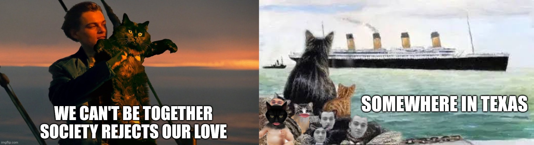 Bad ending | SOMEWHERE IN TEXAS; WE CAN'T BE TOGETHER
SOCIETY REJECTS OUR LOVE | image tagged in titanic,cats,love,romance | made w/ Imgflip meme maker