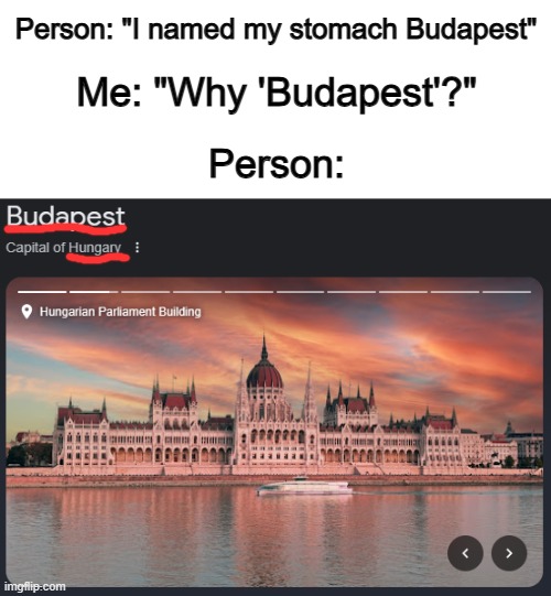 This joke is HILARIOUS :D | Person: "I named my stomach Budapest"; Me: "Why 'Budapest'?"; Person: | made w/ Imgflip meme maker
