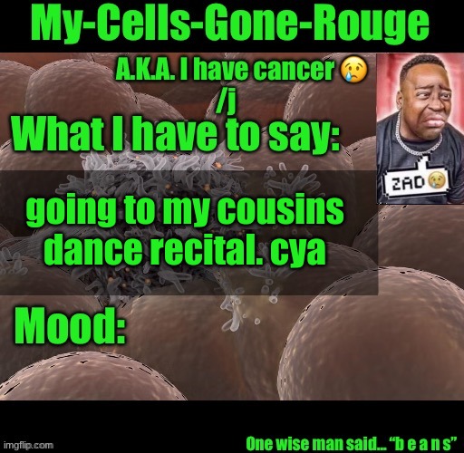 My-Cells-Gone-Rouge announcement | going to my cousins dance recital. cya | image tagged in my-cells-gone-rouge announcement | made w/ Imgflip meme maker
