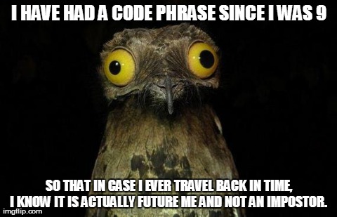 Weird Stuff I Do Potoo | I HAVE HAD A CODE PHRASE SINCE I WAS 9 SO THAT IN CASE I EVER TRAVEL BACK IN TIME, I KNOW IT IS ACTUALLY FUTURE ME AND NOT AN IMPOSTOR. | image tagged in memes,weird stuff i do potoo,AdviceAnimals | made w/ Imgflip meme maker