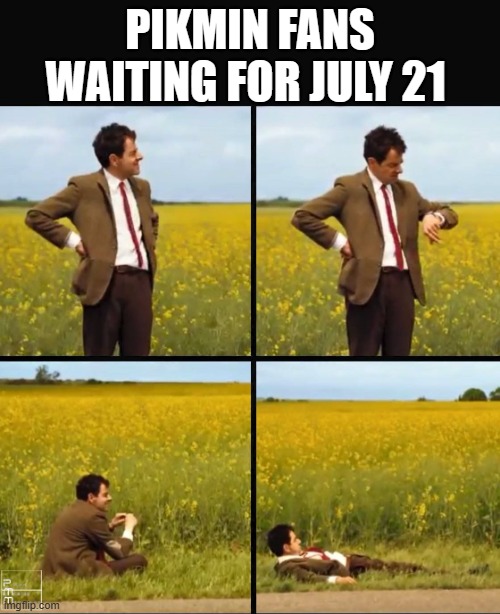 the wait is about to end | PIKMIN FANS WAITING FOR JULY 21 | image tagged in mr bean waiting,pikmin | made w/ Imgflip meme maker