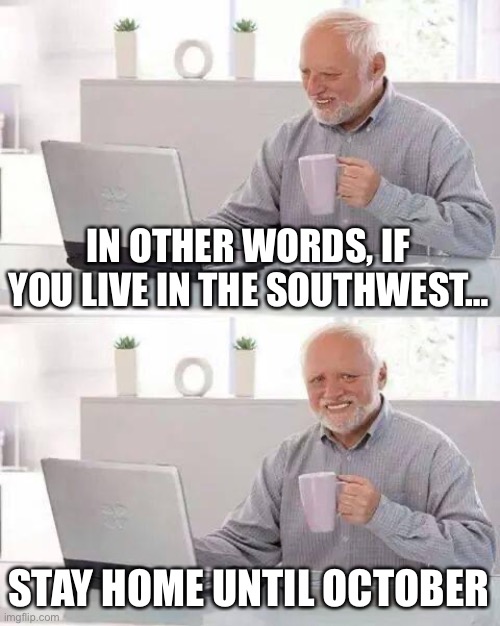Hide the Pain Harold Meme | IN OTHER WORDS, IF YOU LIVE IN THE SOUTHWEST… STAY HOME UNTIL OCTOBER | image tagged in memes,hide the pain harold | made w/ Imgflip meme maker