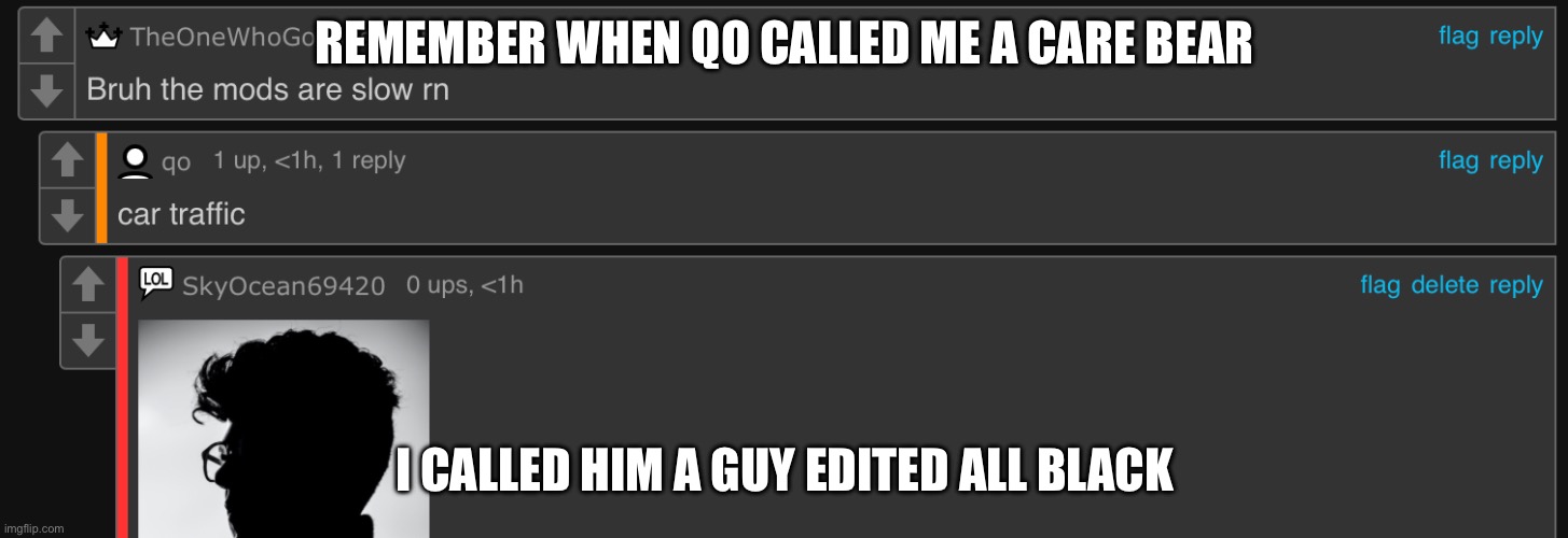 Mod note: HATE YOUR REVENGE BRO | REMEMBER WHEN QO CALLED ME A CARE BEAR; I CALLED HIM A GUY EDITED ALL BLACK | image tagged in b,i,t,c,h | made w/ Imgflip meme maker