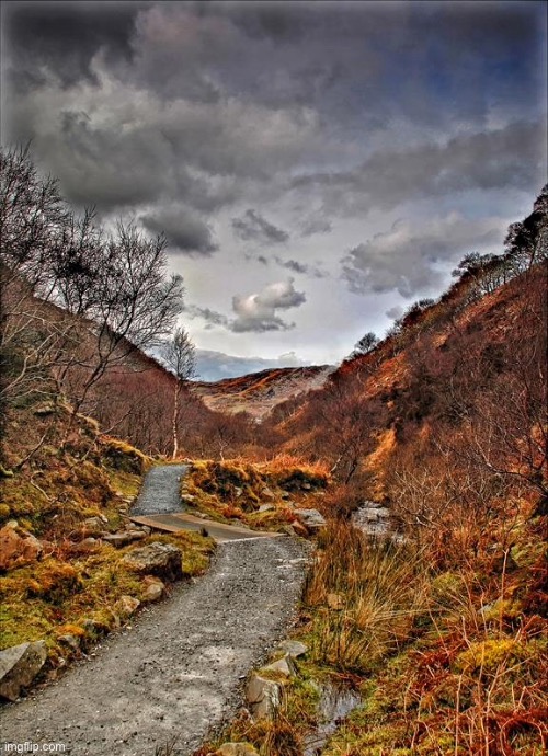 County Donegal, Ireland | image tagged in waterfall,walk in the glen,cloudy sky,rustic colours | made w/ Imgflip meme maker