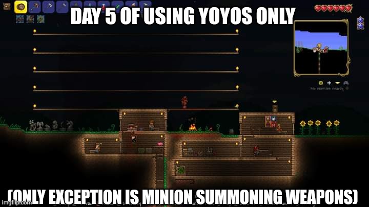 DAY 5 OF USING YOYOS ONLY; (ONLY EXCEPTION IS MINION SUMMONING WEAPONS) | image tagged in terraria,gaming,nintendo switch,screenshot | made w/ Imgflip meme maker