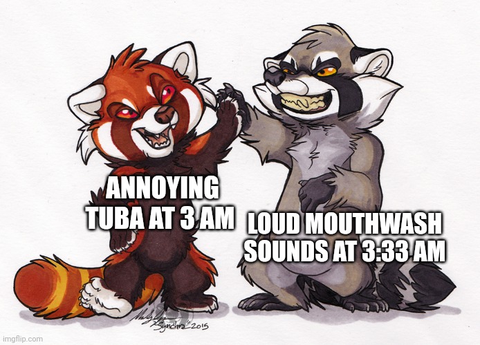 When tuba and mouthwash team up | ANNOYING TUBA AT 3 AM; LOUD MOUTHWASH SOUNDS AT 3:33 AM | image tagged in raccoon and red panda | made w/ Imgflip meme maker