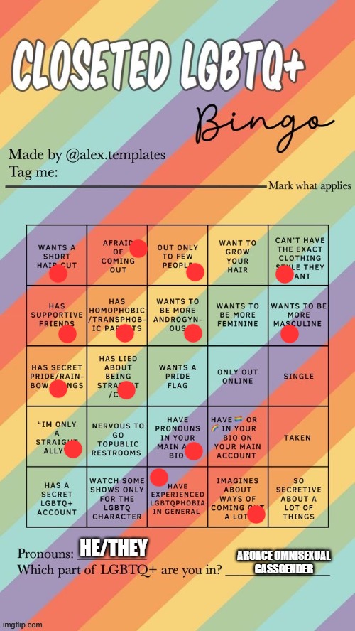 gay gay homosexual gay | HE/THEY; AROACE OMNISEXUAL CASSGENDER | image tagged in closeted lgbtq bingo | made w/ Imgflip meme maker