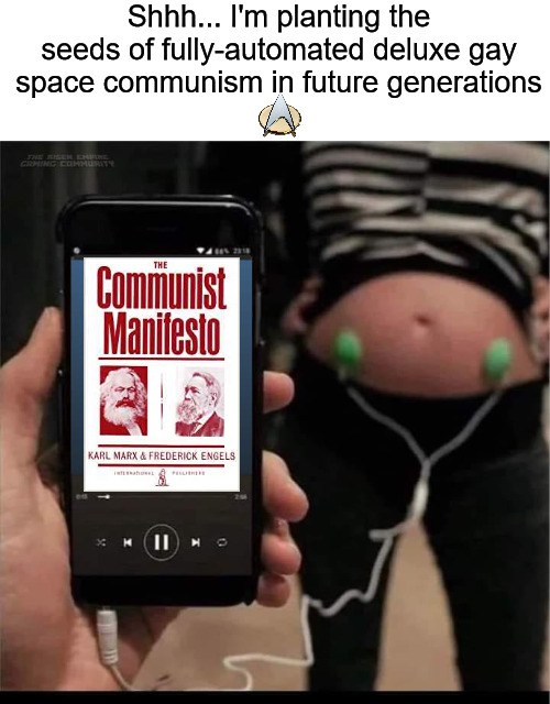 Them: Why you always shitposting? Me: | Shhh... I'm planting the seeds of fully-automated deluxe gay space communism in future generations | image tagged in star trek,communist,communism,karl marx,fredrick engels | made w/ Imgflip meme maker
