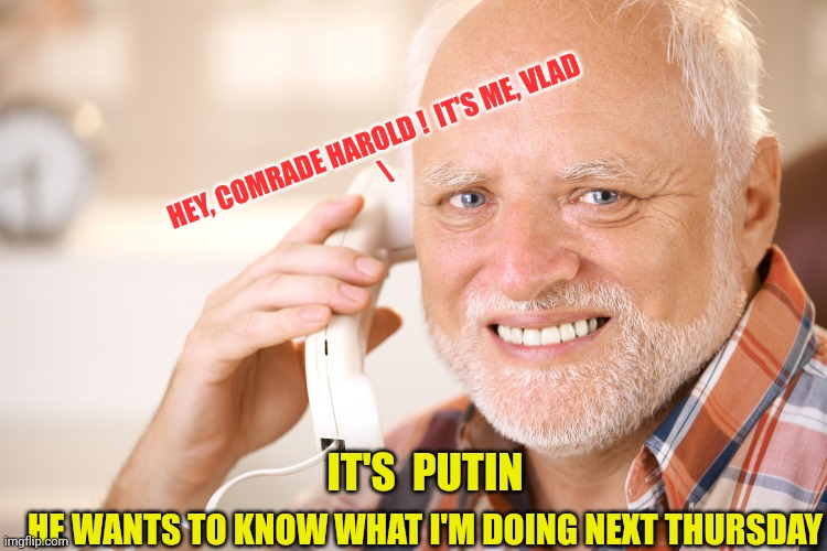 hide the pain harold phone | IT'S  PUTIN HE WANTS TO KNOW WHAT I'M DOING NEXT THURSDAY HEY, COMRADE HAROLD !  IT'S ME, VLAD
\ | image tagged in hide the pain harold phone | made w/ Imgflip meme maker
