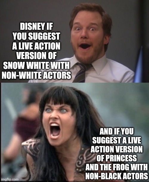 At this point, even stone age tribes know Disney is woke. Everyone knows this. So can we please move beyond it? | DISNEY IF YOU SUGGEST A LIVE ACTION VERSION OF SNOW WHITE WITH NON-WHITE ACTORS; AND IF YOU SUGGEST A LIVE ACTION VERSION OF PRINCESS AND THE FROG WITH NON-BLACK ACTORS | image tagged in screaming woman,disney,movies,woke,political correctness,liberal logic | made w/ Imgflip meme maker