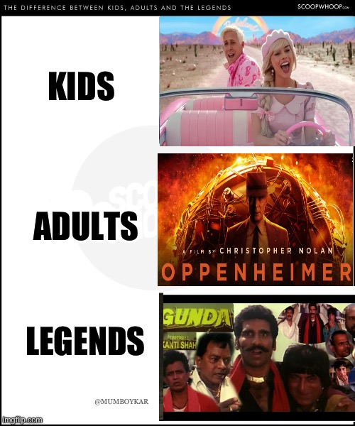 Barbie vs Oppenheimer | KIDS; ADULTS; LEGENDS; @MUMBOYKAR | image tagged in legend kid adult,barbie | made w/ Imgflip meme maker