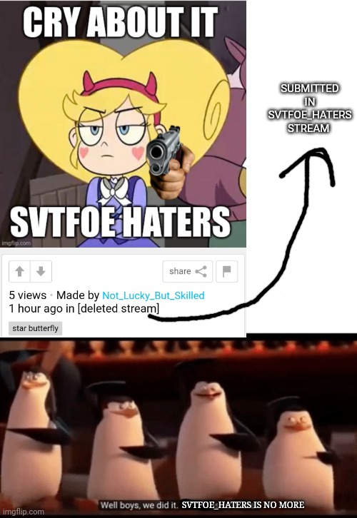Let's go! | SUBMITTED IN SVTFOE_HATERS STREAM; SVTFOE_HATERS IS NO MORE | image tagged in well boys we did it blank is no more,memes,svtfoe,we did it boys,yay | made w/ Imgflip meme maker