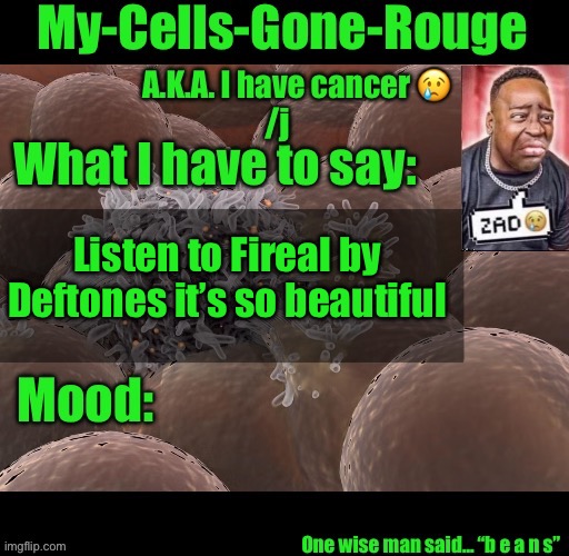My-Cells-Gone-Rouge announcement | Listen to Fireal by Deftones it’s so beautiful | image tagged in my-cells-gone-rouge announcement | made w/ Imgflip meme maker