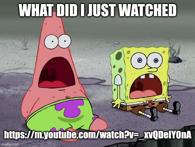 SpongeBob shocked | WHAT DID I JUST WATCHED; https://m.youtube.com/watch?v=_xvQDeIY0nA | image tagged in spongebob shocked | made w/ Imgflip meme maker