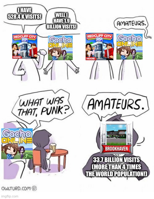 Roblox visits meme | WELL I HAVE 1.9 BILLION VISITS! I HAVE 528.4 K VISITS! 33.7 BILLION VISITS (MORE THAN 4 TIMES THE WORLD POPULATION!) | image tagged in amateurs,roblox meme,funny,lol,roblox,meme | made w/ Imgflip meme maker