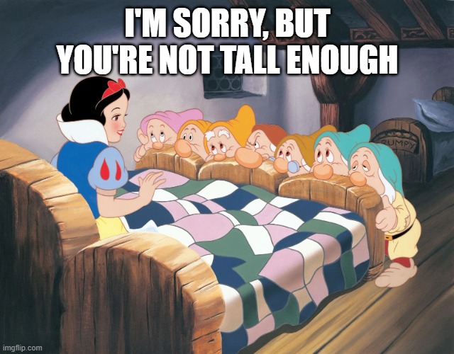 Snow White & The Seven Dwarves | I'M SORRY, BUT YOU'RE NOT TALL ENOUGH | image tagged in snow white the seven dwarves | made w/ Imgflip meme maker