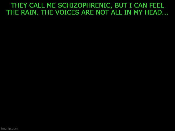 THEY CALL ME SCHIZOPHRENIC, BUT I CAN FEEL THE RAIN. THE VOICES ARE NOT ALL IN MY HEAD... | made w/ Imgflip meme maker