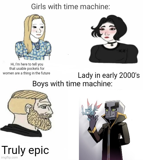 Truly epic | Hi, I'm here to tell you that usable pockets for women are a thing in the future; Lady in early 2000's; Truly epic | image tagged in time machine | made w/ Imgflip meme maker