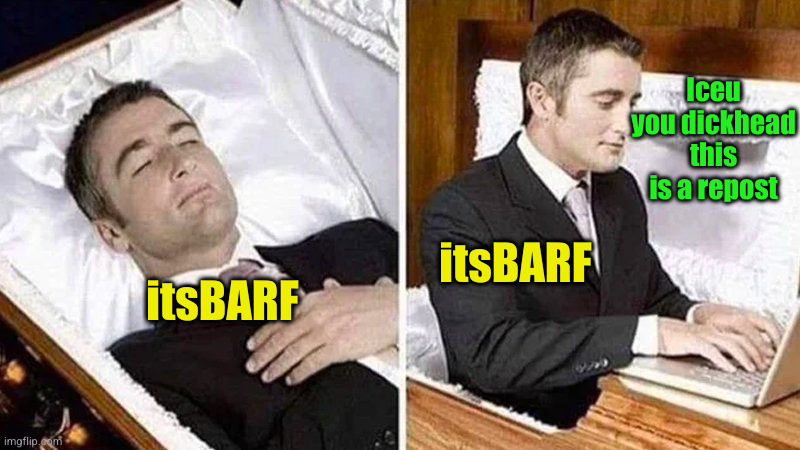 No hate to either of them, idk why I made this... (#2,626) | Iceu you dickhead this is a repost; itsBARF; itsBARF | image tagged in deceased man in coffin typing,iceu,itsbarf,memes,repost,argument | made w/ Imgflip meme maker